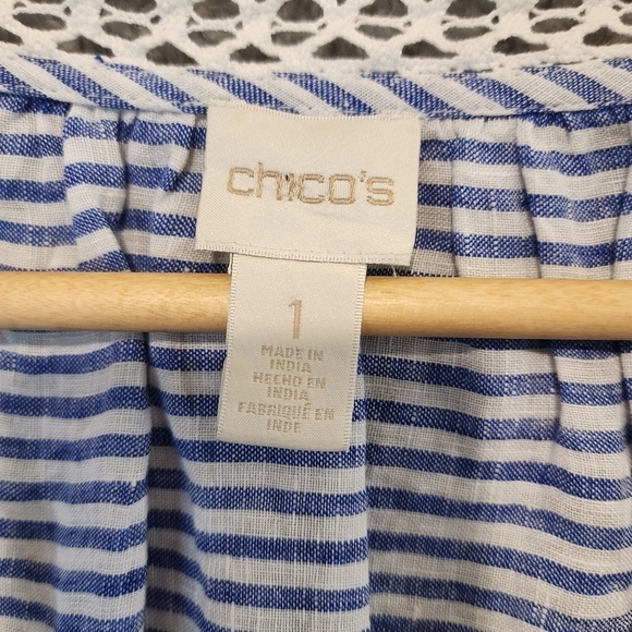 Chico's Blue White Striped Bell Sleeve Linen Blouse Top Crochet Boho Sz 1 Small - Picture 3 of 10